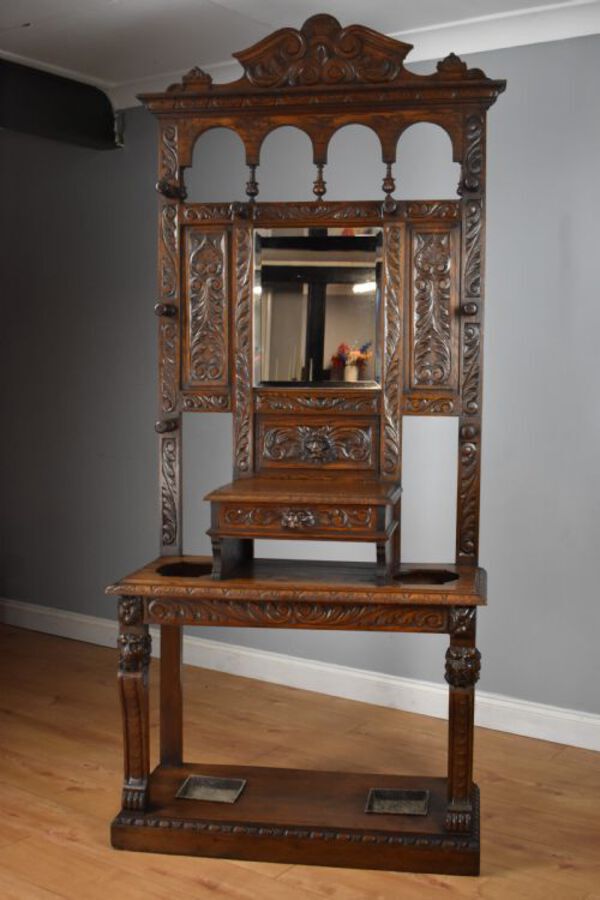 Antique 19th Century Carved Oak Flemish Style Hall stand