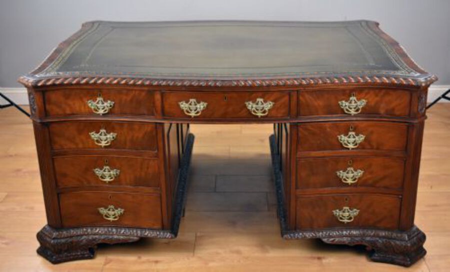 Victorian Chippendale Style Mahogany Serpentine Partners Desk by S&amp;H Jewell
