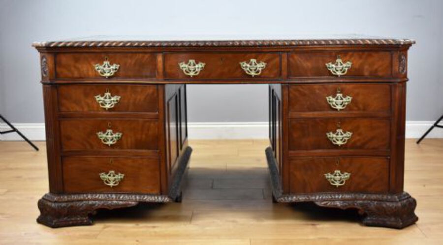 Antique Victorian Chippendale Style Mahogany Serpentine Partners Desk by S&H Jewell