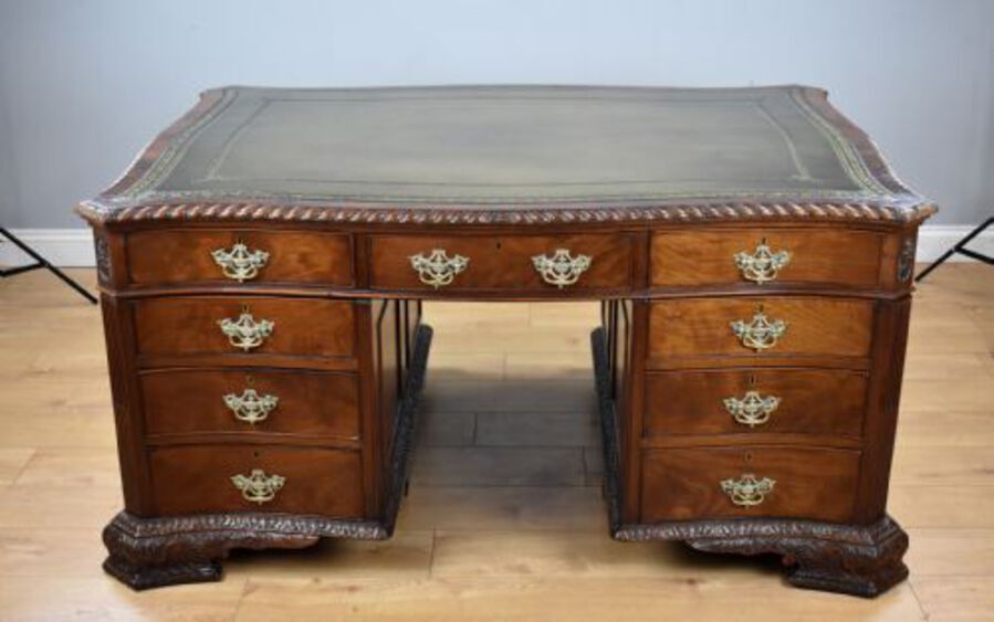 Antique Victorian Chippendale Style Mahogany Serpentine Partners Desk by S&H Jewell
