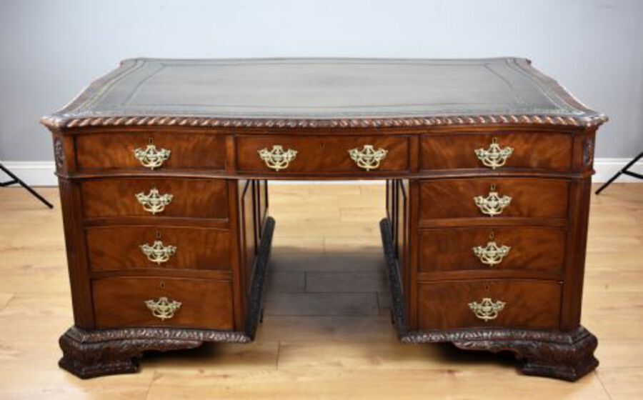 Antique Victorian Chippendale Style Mahogany Serpentine Partners Desk by S&H Jewell