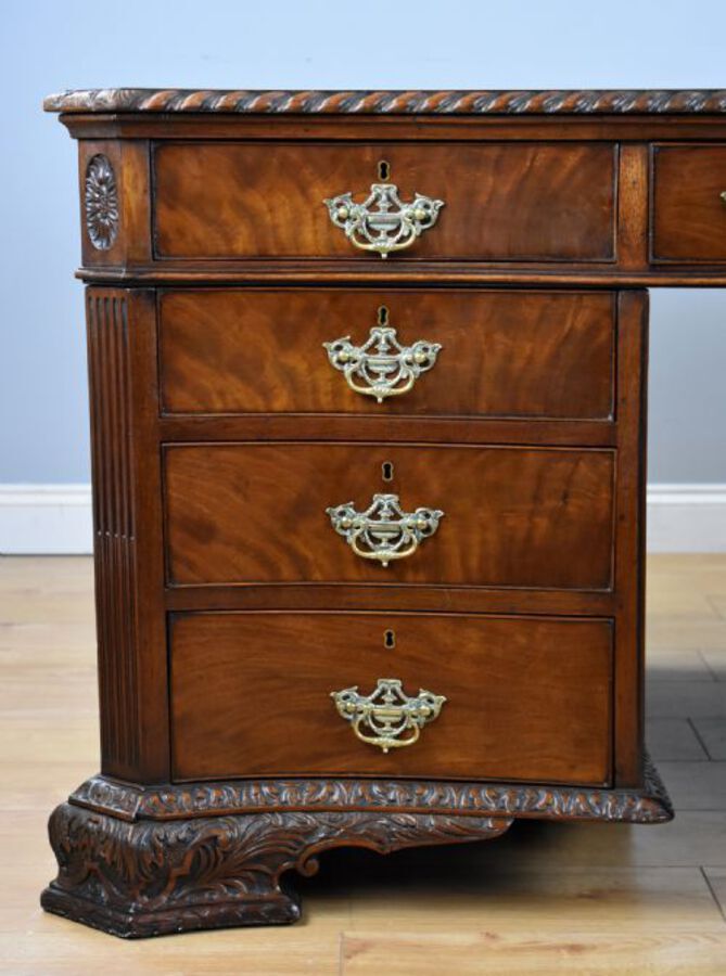 Antique Victorian Chippendale Style Mahogany Serpentine Partners Desk by S&H Jewell