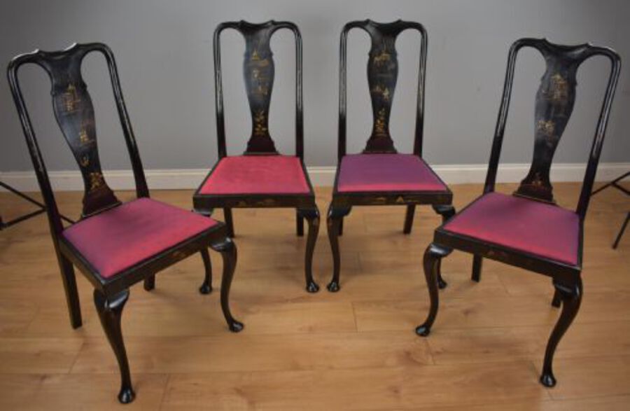 Early 20th Century set four Queen Anne Style Chinoiserie chairs