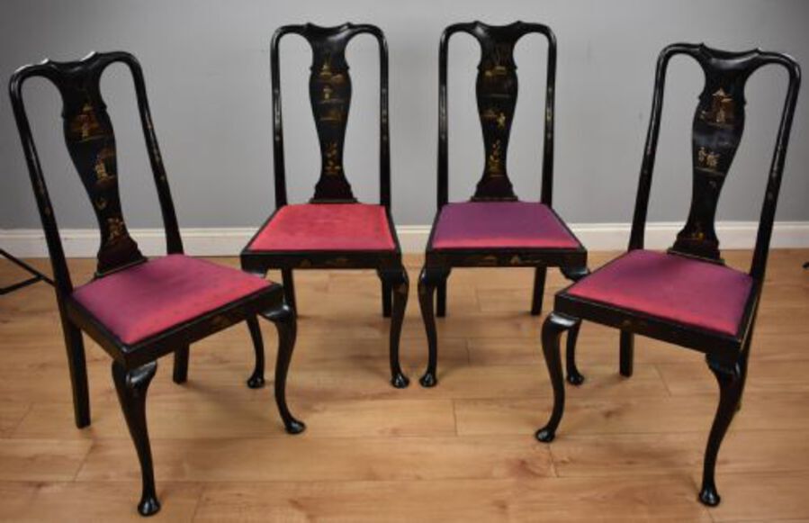 Antique Early 20th Century set four Queen Anne Style Chinoiserie chairs