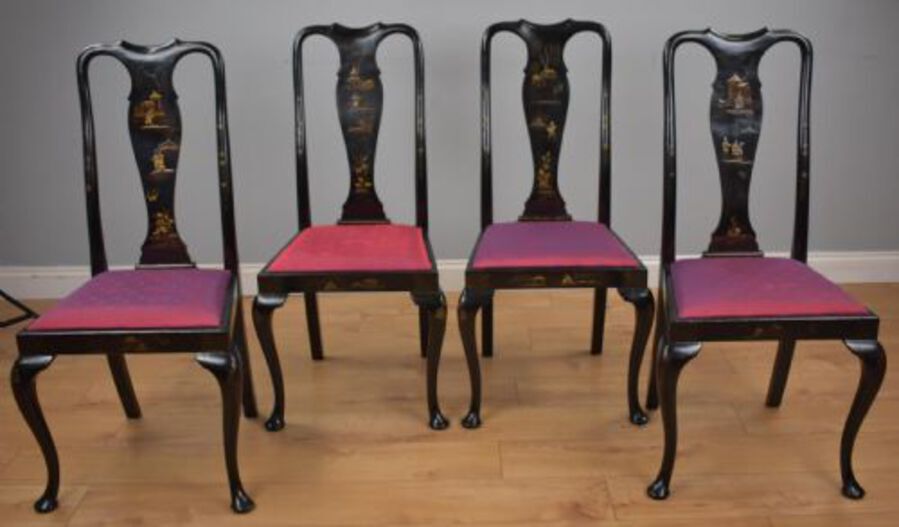 Antique Early 20th Century set four Queen Anne Style Chinoiserie chairs
