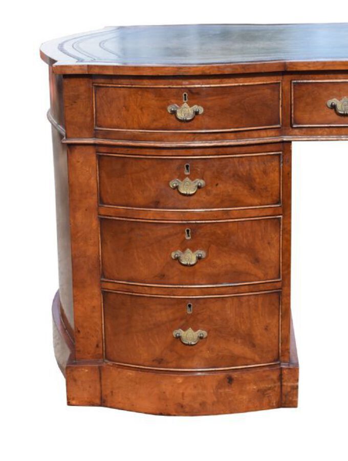 Antique Edwardian Burr Walnut Bow Front Partners Desk