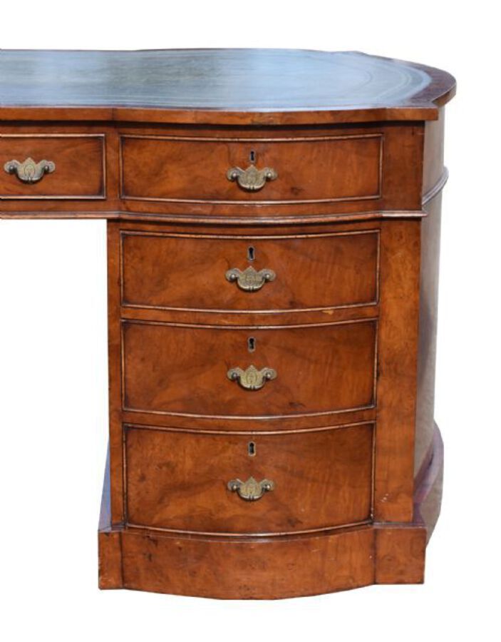 Antique Edwardian Burr Walnut Bow Front Partners Desk