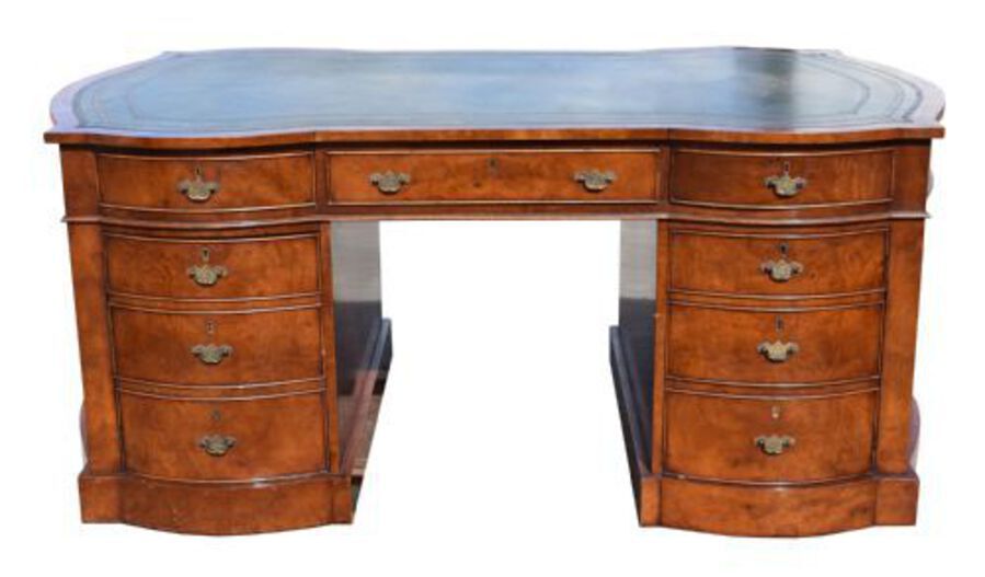 Antique Edwardian Burr Walnut Bow Front Partners Desk