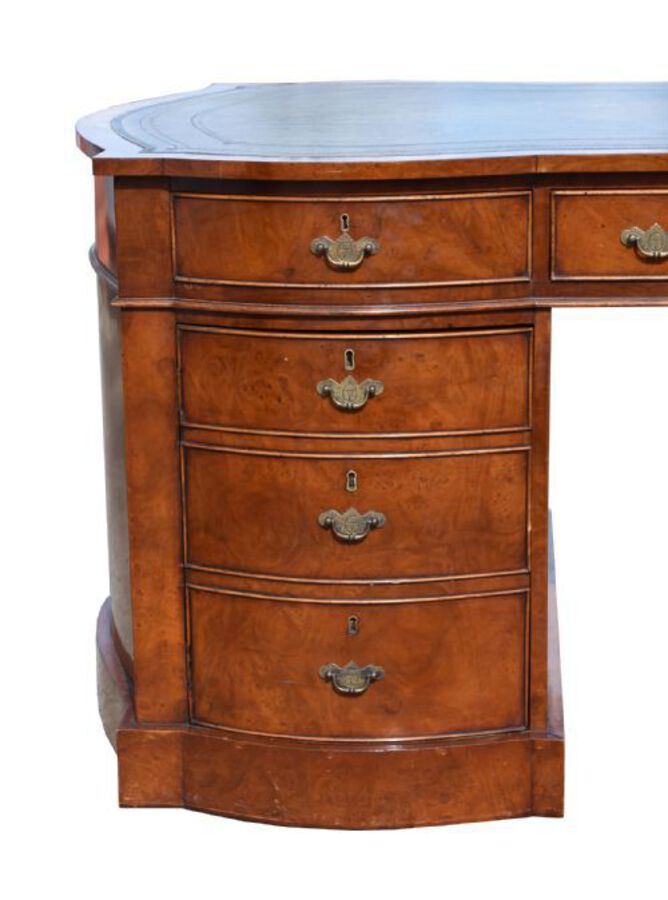 Antique Edwardian Burr Walnut Bow Front Partners Desk