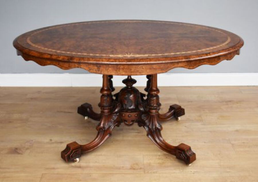Antique Victorian Burr Walnut Inlaid Breakfast Table 