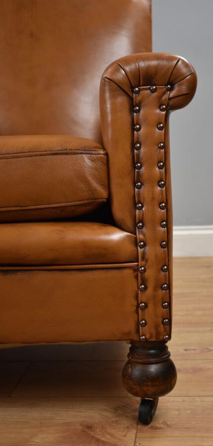 Antique Pair Victorian Tan Leather Ladies and Gents armchairs