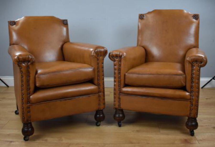 Antique Pair Victorian Tan Leather Ladies and Gents armchairs