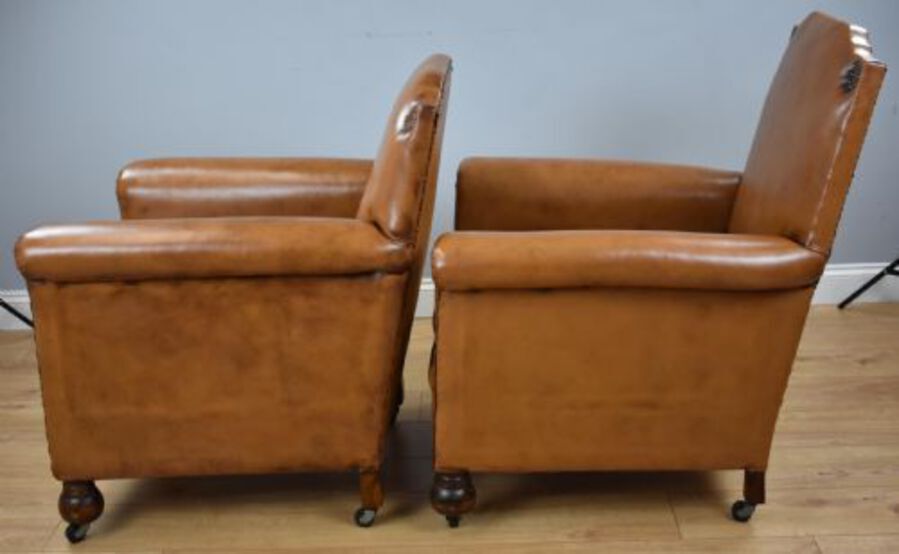 Antique Pair Victorian Tan Leather Ladies and Gents armchairs