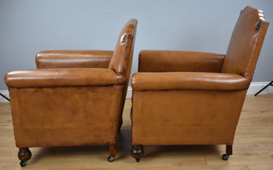 Antique Pair Victorian Tan Leather Ladies and Gents armchairs
