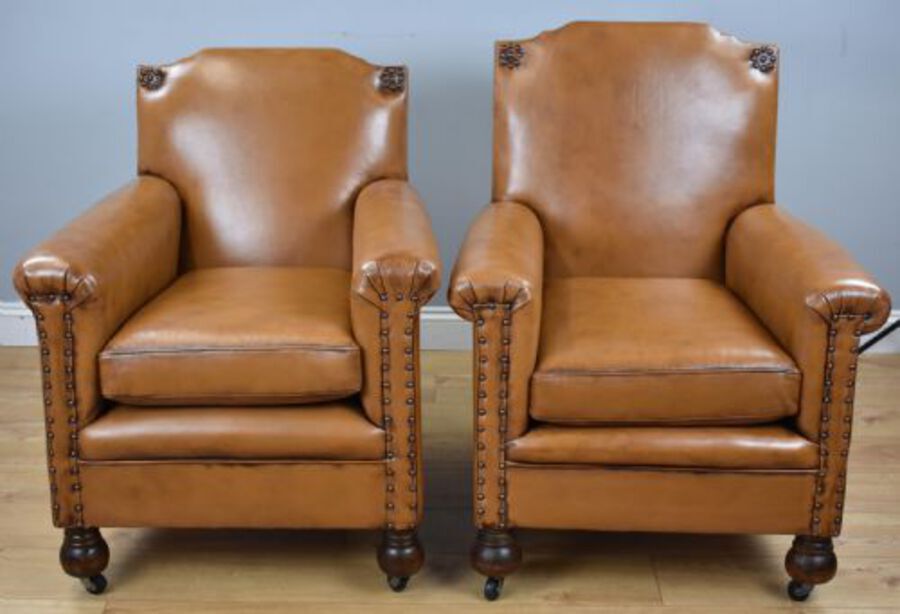 Antique Pair Victorian Tan Leather Ladies and Gents armchairs
