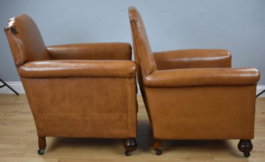 Antique Pair Victorian Tan Leather Ladies and Gents armchairs