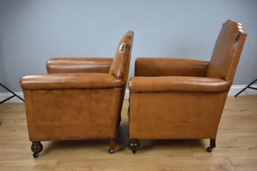 Antique Pair Victorian Tan Leather Ladies and Gents armchairs