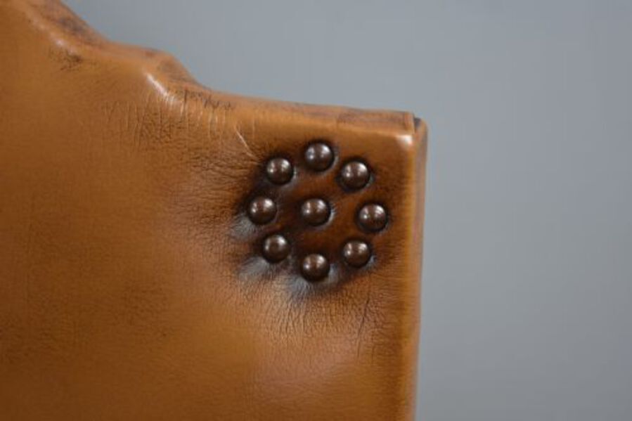 Antique Pair Victorian Tan Leather Ladies and Gents armchairs