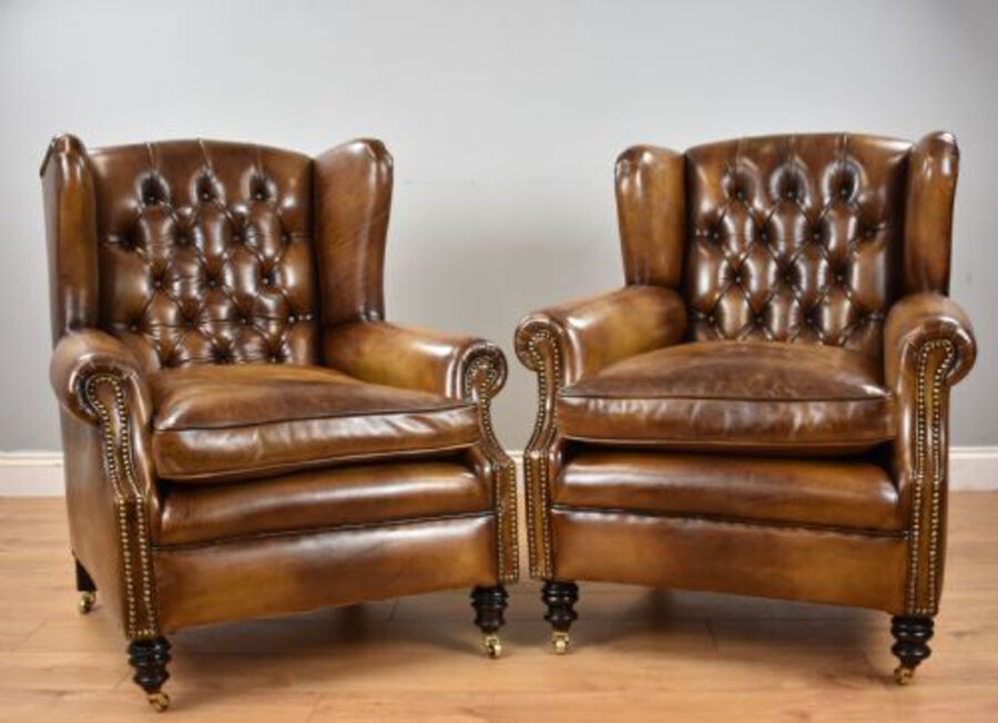 Pair of Victorian Whiskey Brown Leather Armchairs