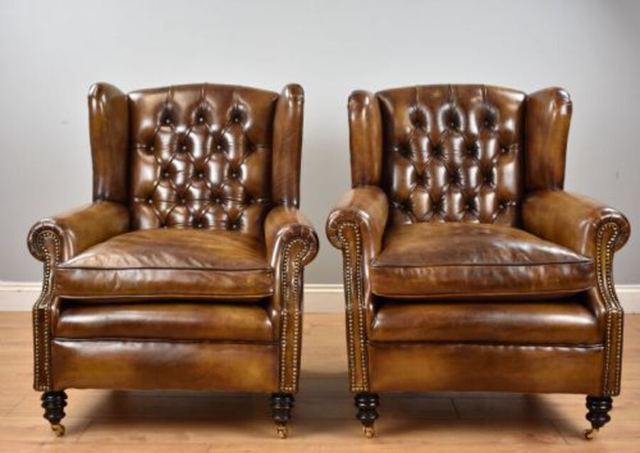 Antique Pair of Victorian Whiskey Brown Leather Armchairs