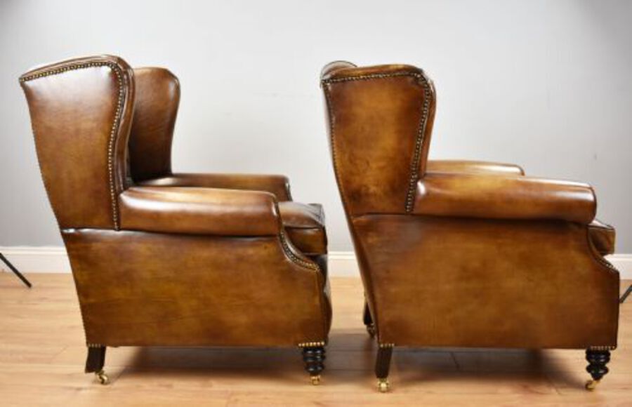 Antique Pair of Victorian Whiskey Brown Leather Armchairs