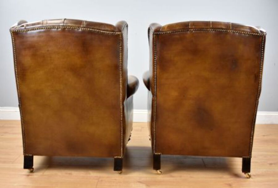Antique Pair of Victorian Whiskey Brown Leather Armchairs