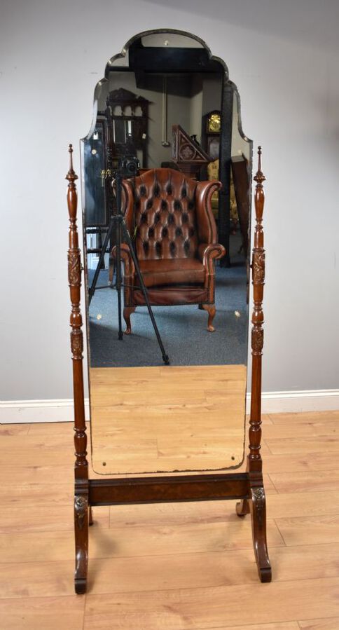 Antique Edwardian Mahogany and Walnut Cheval Mirror