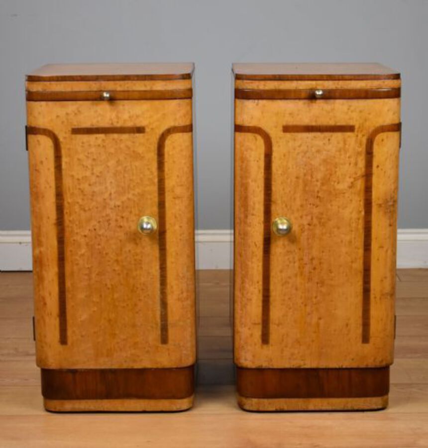 Antique Pair of Art Deco Birdseye Maple Bedside Cupboards