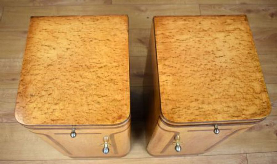 Antique Pair of Art Deco Birdseye Maple Bedside Cupboards