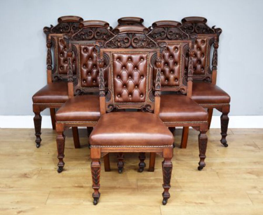 Set of 6 Victorian Carved Walnut Dining Chairs