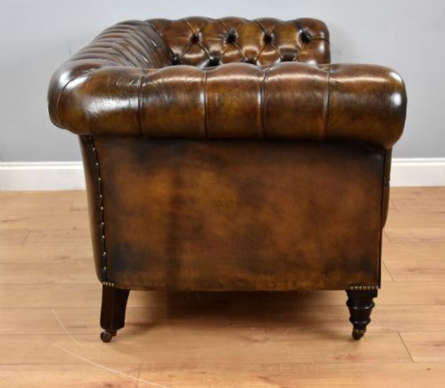 Antique Antique Hand Dyed Cigar Brown Leather Chesterfield Sofa