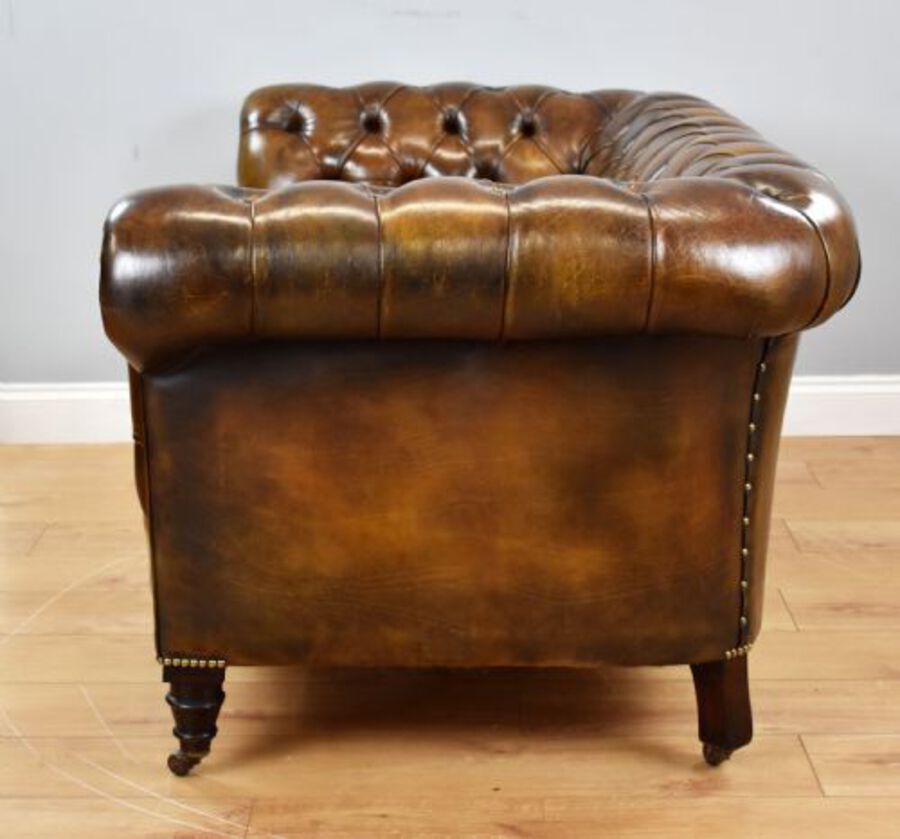 Antique Antique Hand Dyed Cigar Brown Leather Chesterfield Sofa