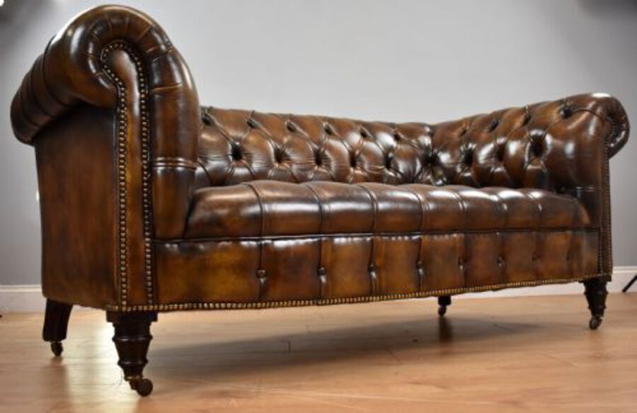 Antique Antique Hand Dyed Cigar Brown Leather Chesterfield Sofa