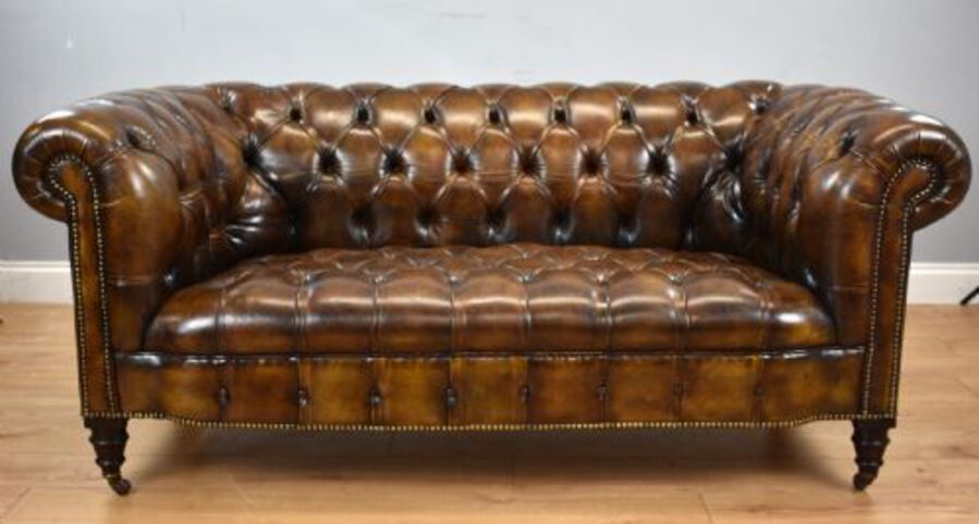Antique Antique Hand Dyed Cigar Brown Leather Chesterfield Sofa