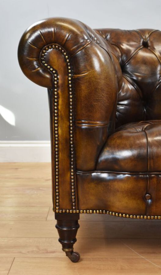 Antique Antique Hand Dyed Cigar Brown Leather Chesterfield Sofa