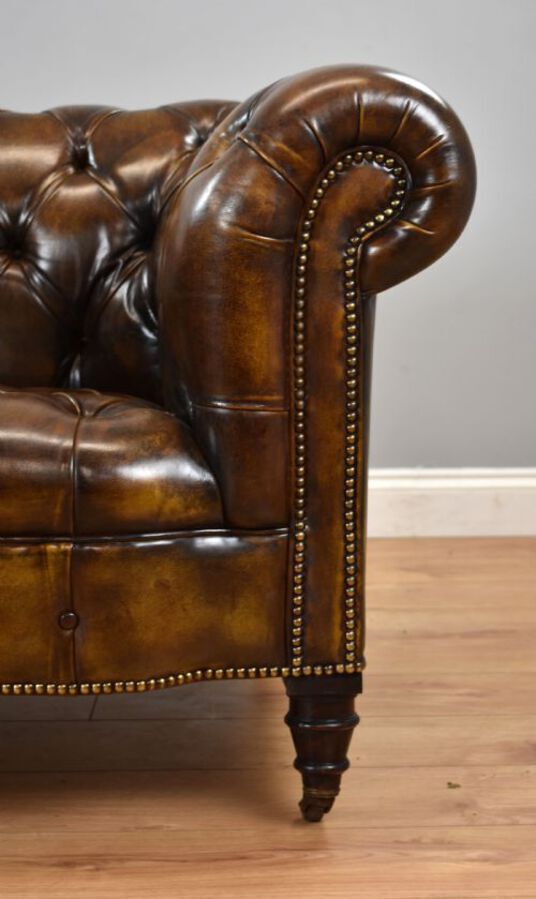 Antique Antique Hand Dyed Cigar Brown Leather Chesterfield Sofa