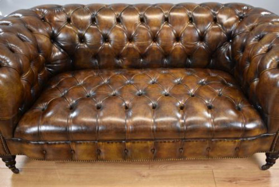 Antique Antique Hand Dyed Cigar Brown Leather Chesterfield Sofa