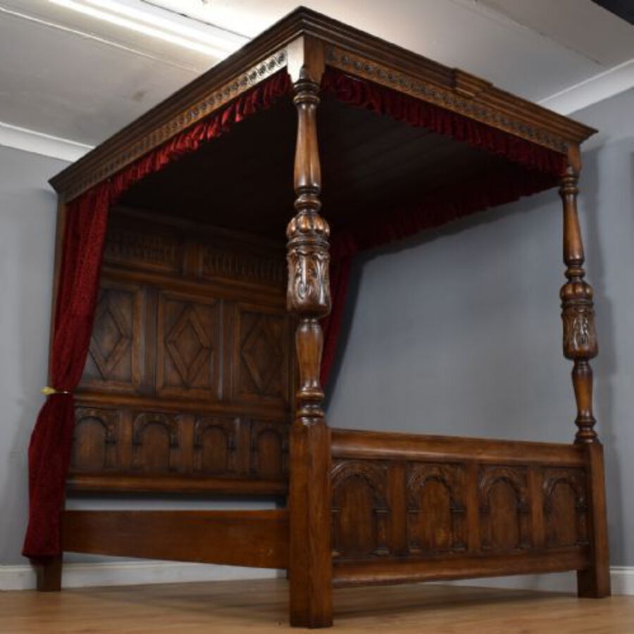 Antique Jacobean Style Carved Oak Four Posted Bed