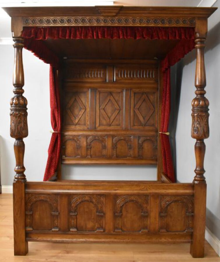 Antique Jacobean Style Carved Oak Four Posted Bed