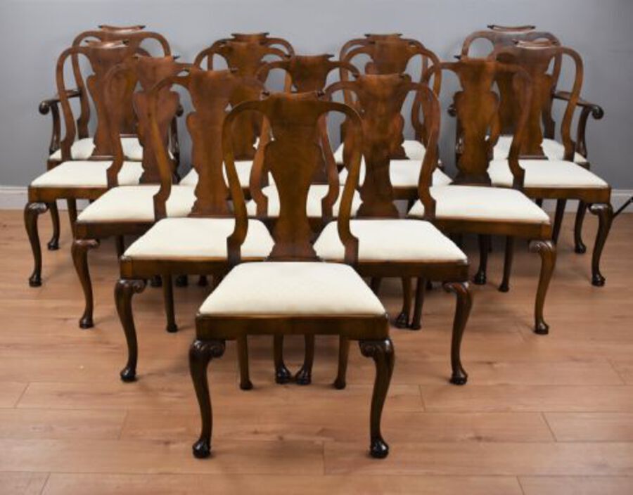 Antique Set Fourteen Walnut Queen Anne Style Dining Chairs