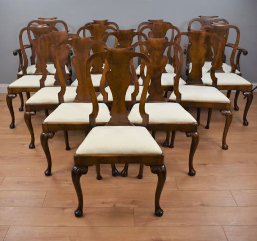 Antique Set Fourteen Walnut Queen Anne Style Dining Chairs