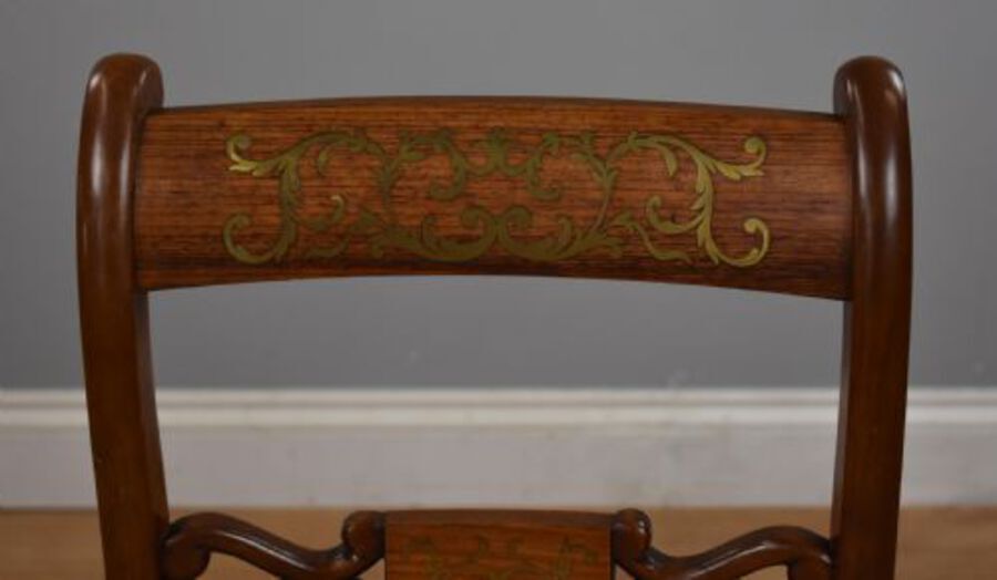 Antique Set Six Mahogany Brass Inlaid Dining Chairs