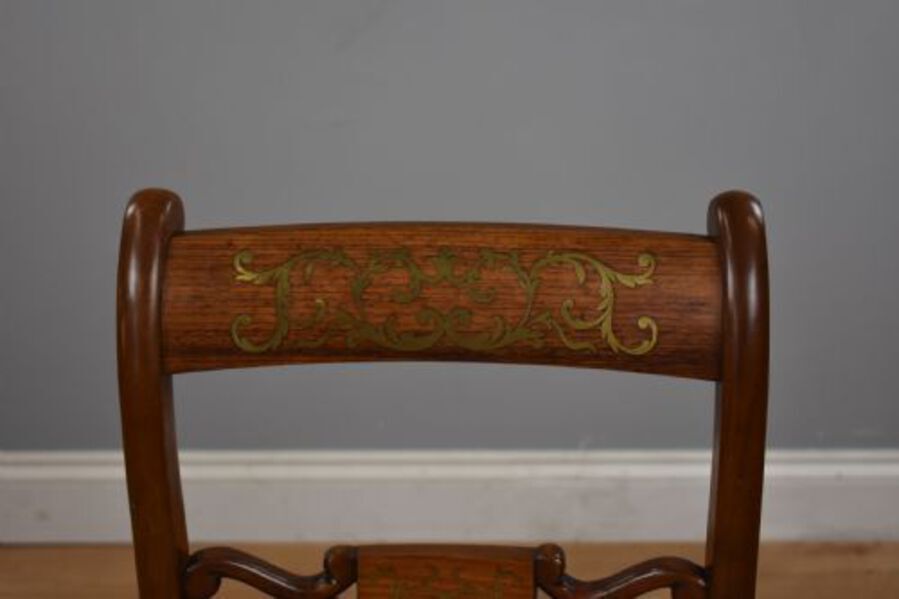 Antique Set Six Mahogany Brass Inlaid Dining Chairs