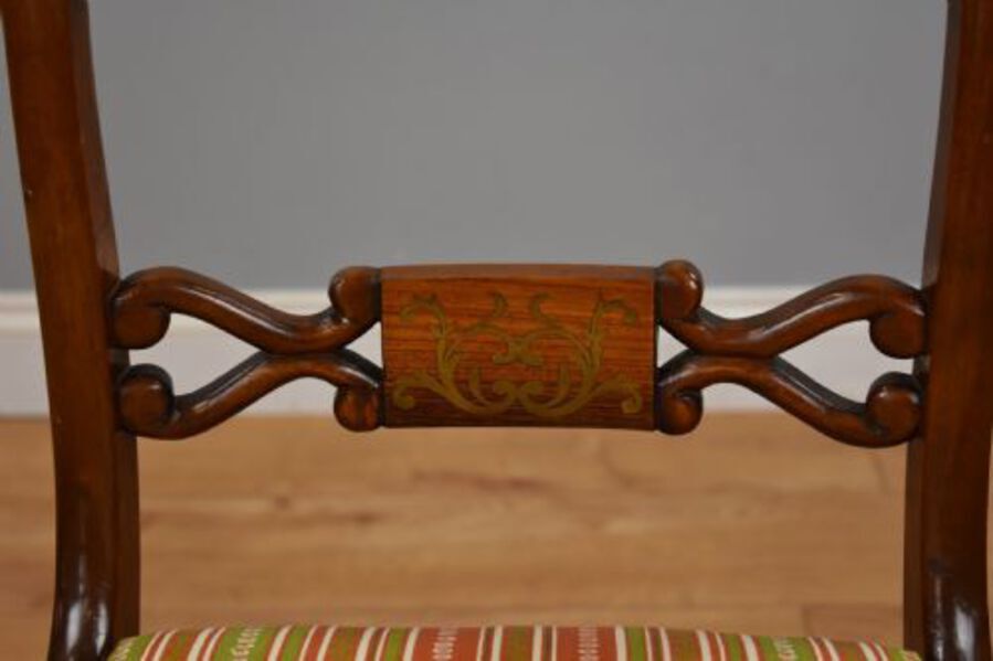 Antique Set Six Mahogany Brass Inlaid Dining Chairs