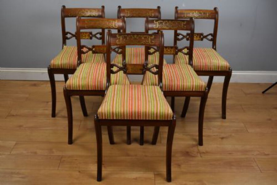 Antique Set Six Mahogany Brass Inlaid Dining Chairs