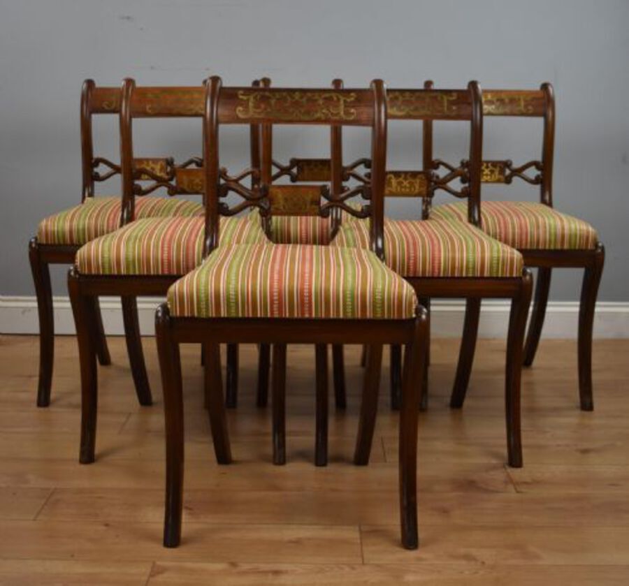 Antique Set Six Mahogany Brass Inlaid Dining Chairs