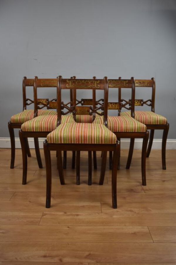 Antique Set Six Mahogany Brass Inlaid Dining Chairs