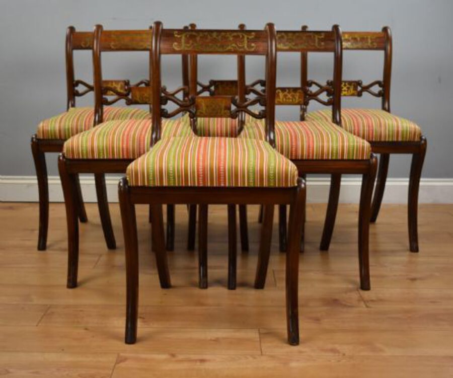 Antique Set Six Mahogany Brass Inlaid Dining Chairs