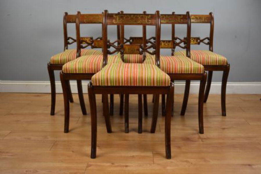 Antique Set Six Mahogany Brass Inlaid Dining Chairs