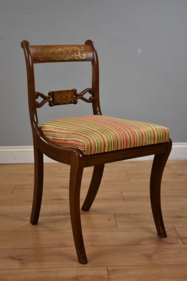 Antique Set Six Mahogany Brass Inlaid Dining Chairs